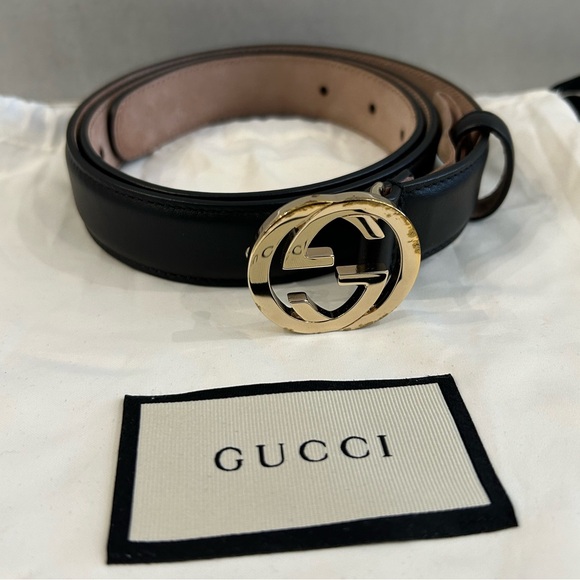 Gucci Black Skinny Leather Interlocking Logo Belt - Picture 1 of 4